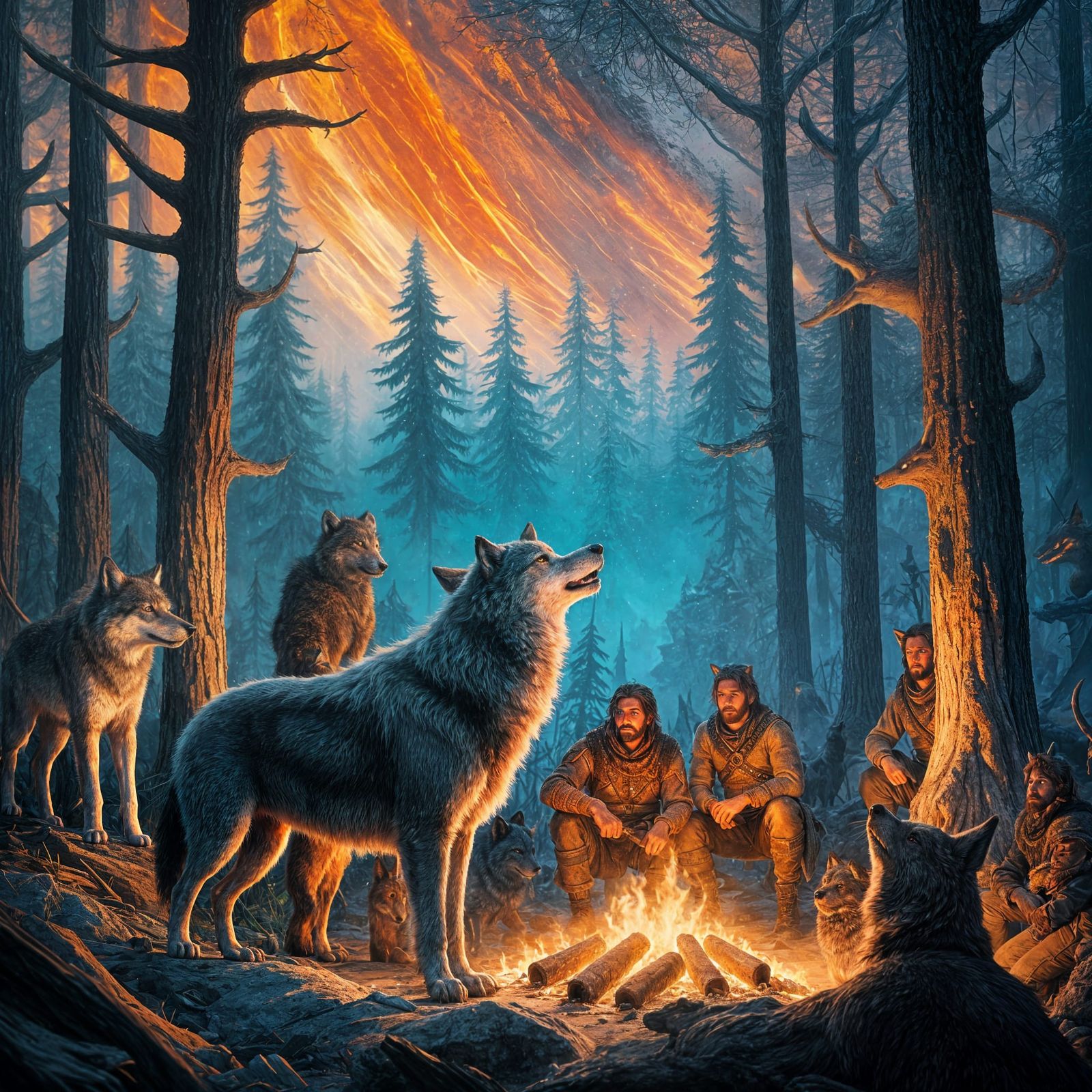 Ancient Wolf Observes Prehistoric Family Gathering