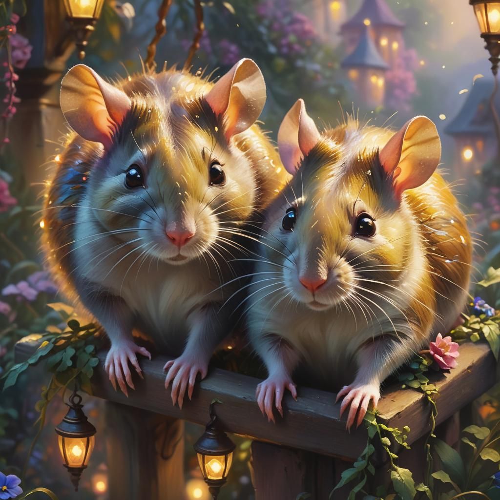 Rats Embrace in Ethereal Garden Painting
