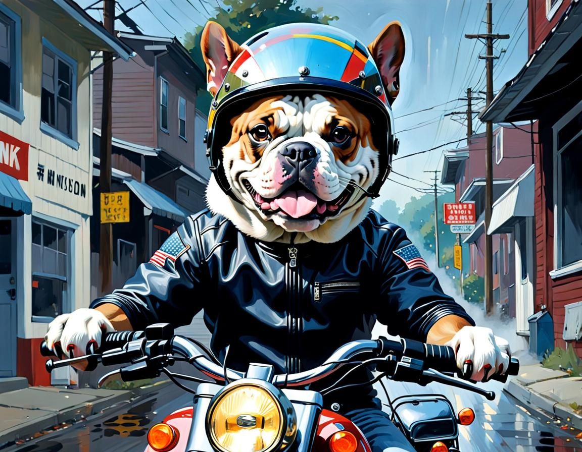 Joyful Bulldog Rides Motorcycle: Detailed Oil Painting