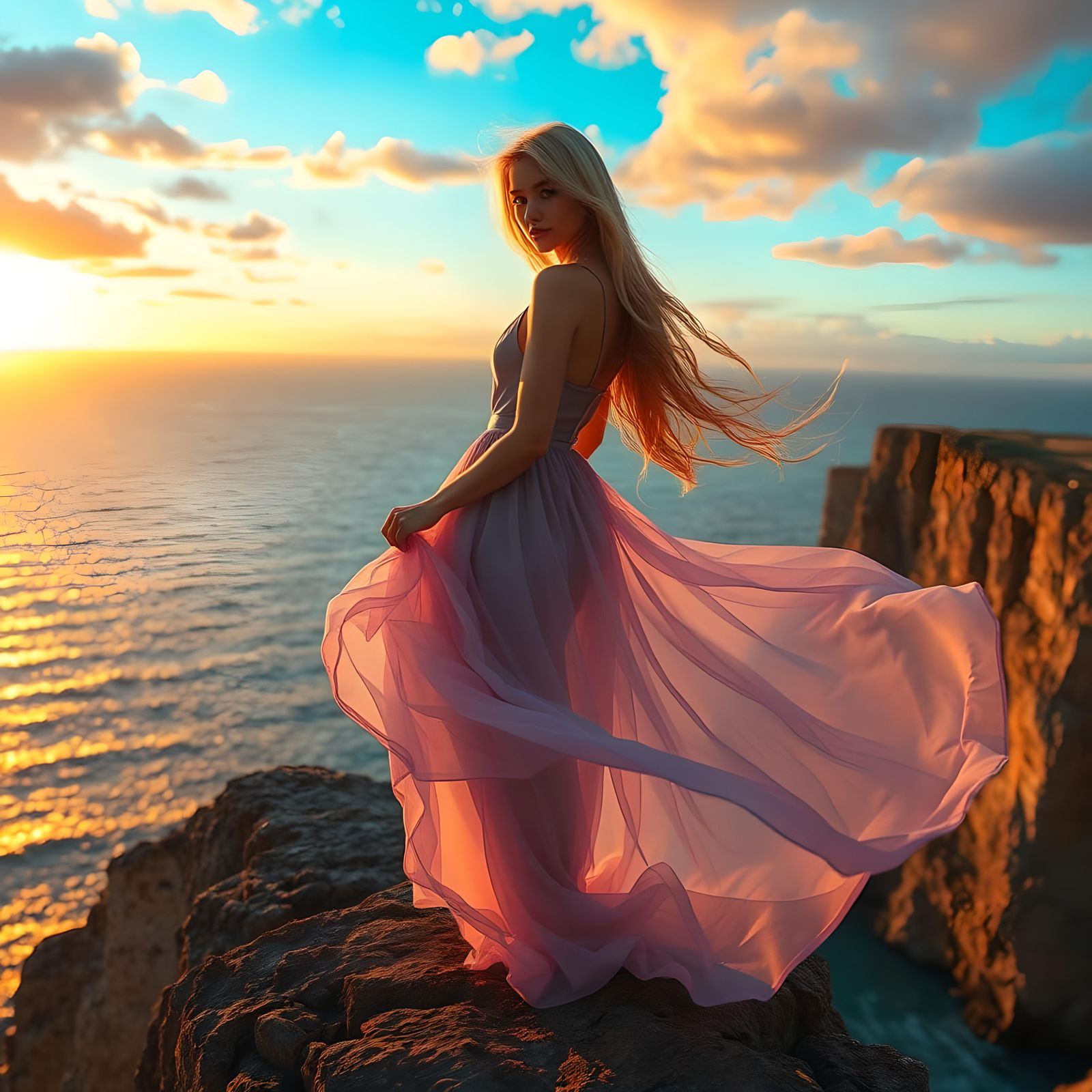 Woman on Cliff with Sunset Ocean View