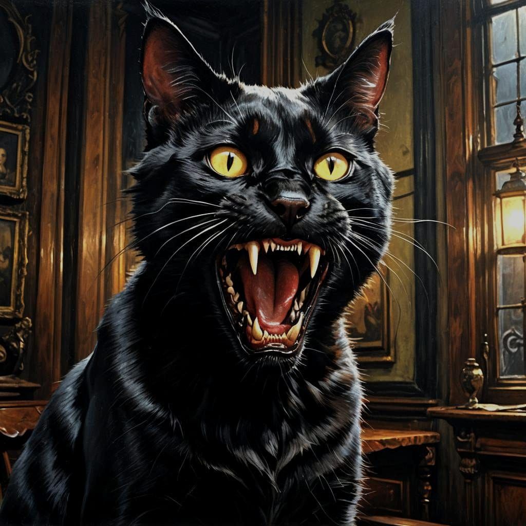 Hyperrealistic Snarling Black Cat in Gothic Room