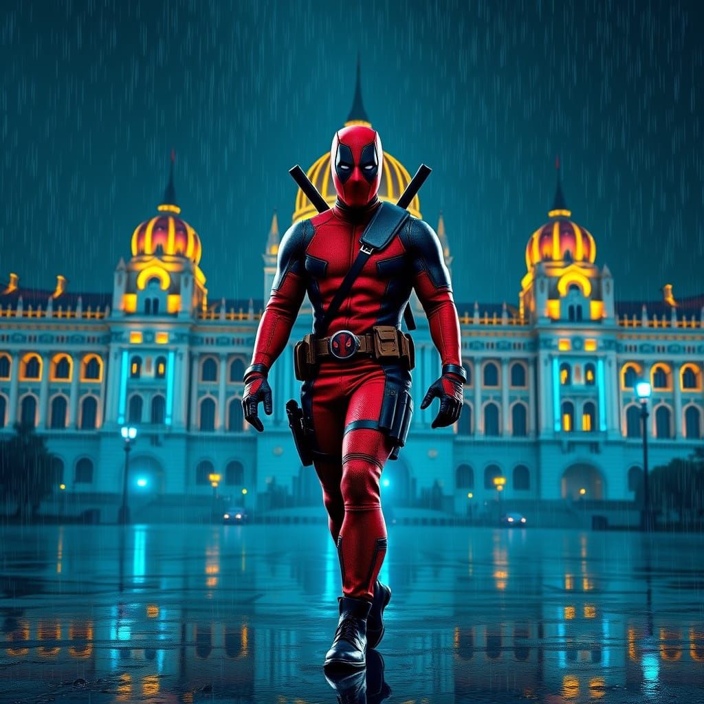 Deadpool Illuminated by Parliament's Neon Glow in Rainy Buda...