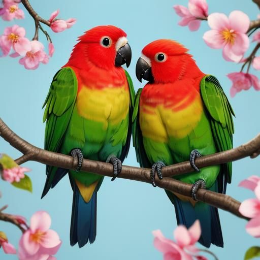 Lovebirds on Apple Blossom Branch: Hyperrealistic Splash Art