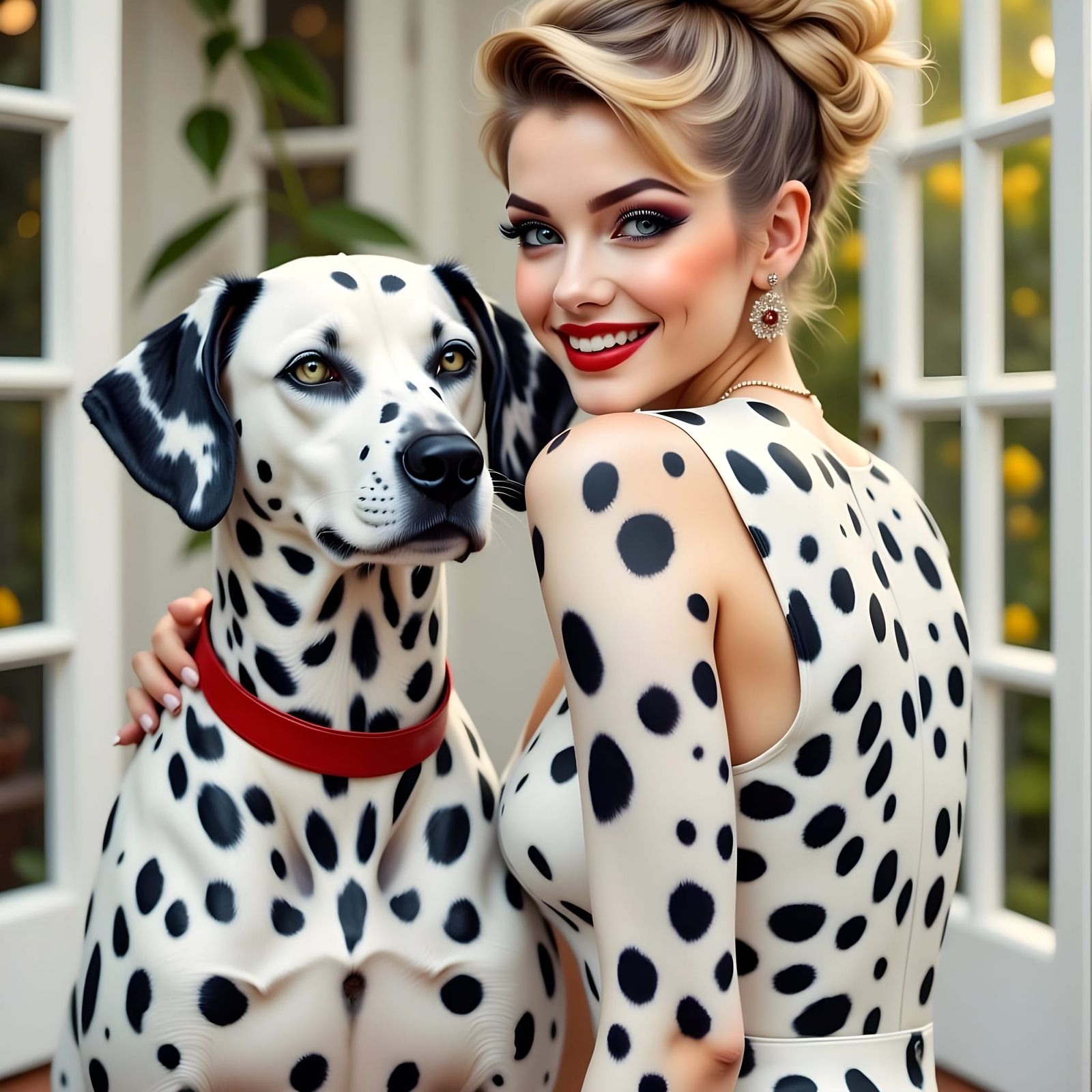 Elegant Woman in Dalmatian Spot Paintings with Dog
