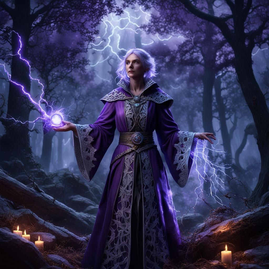 Female mage doing magic in the spooky forest, lightning in distance. Purple and silver lace robe.