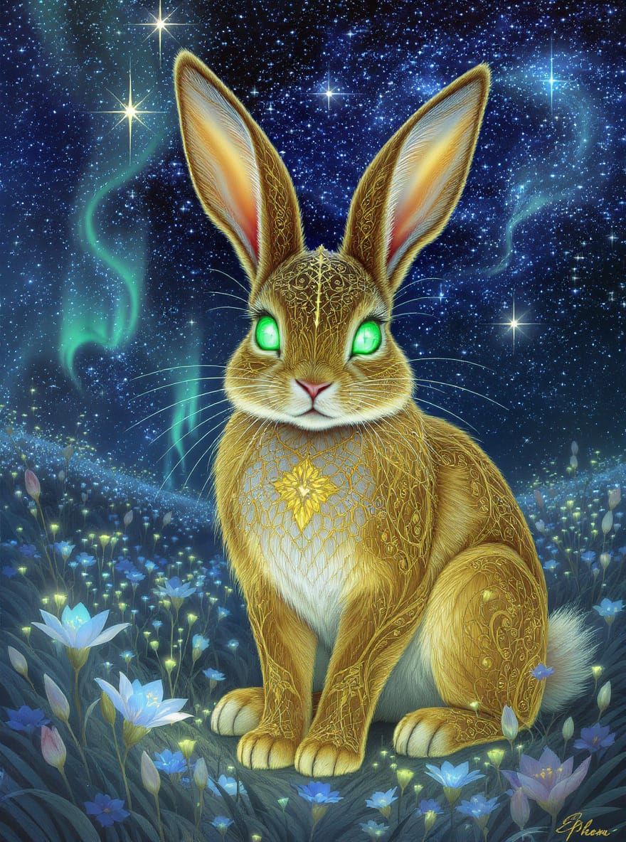 Golden Rabbit with Emerald Eyes in Bioluminescent Field