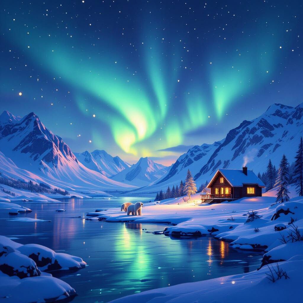 Magical North Pole Twilight with Aurora and Polar Bears
