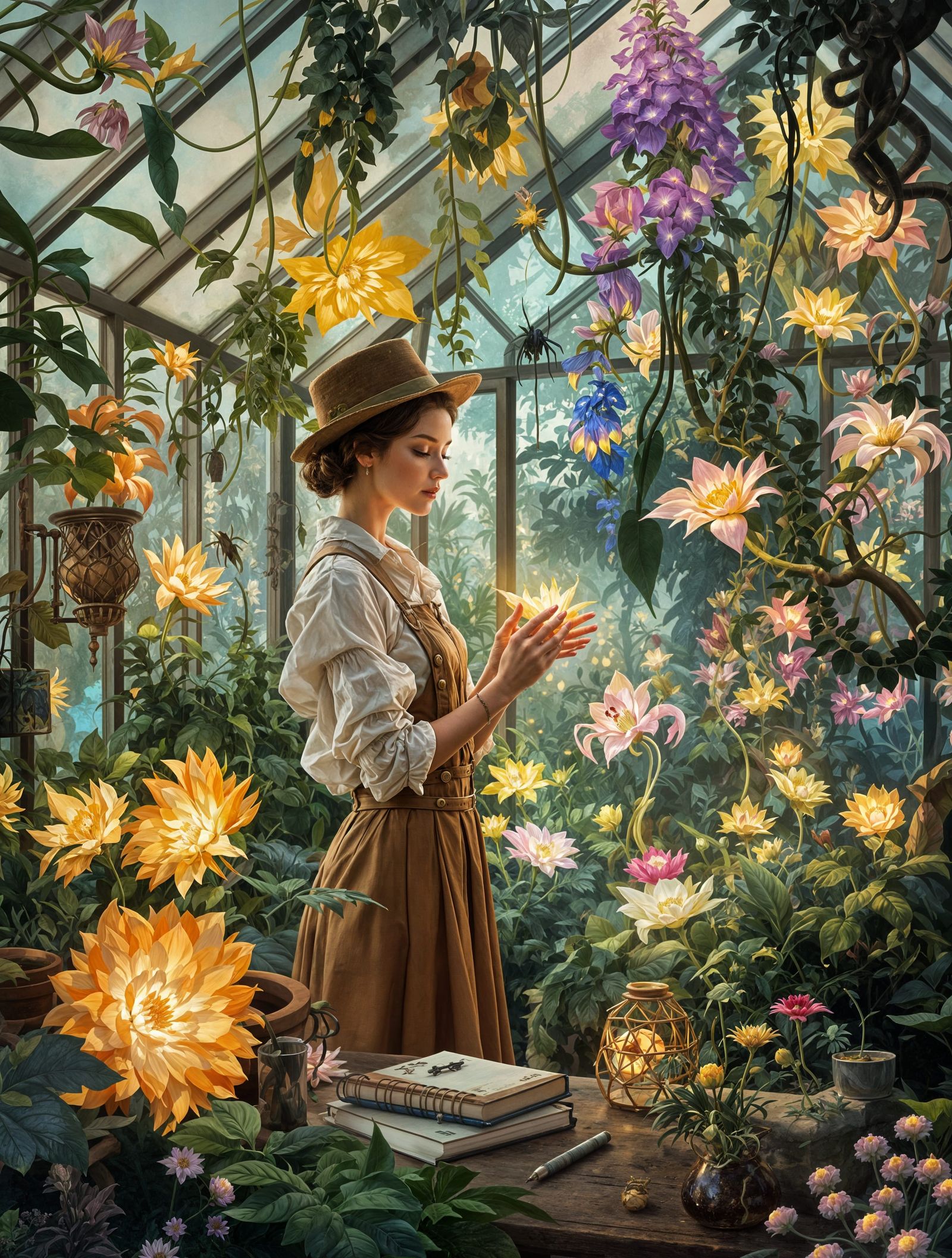 Botanist in Whimsical, Surreal Greenhouse