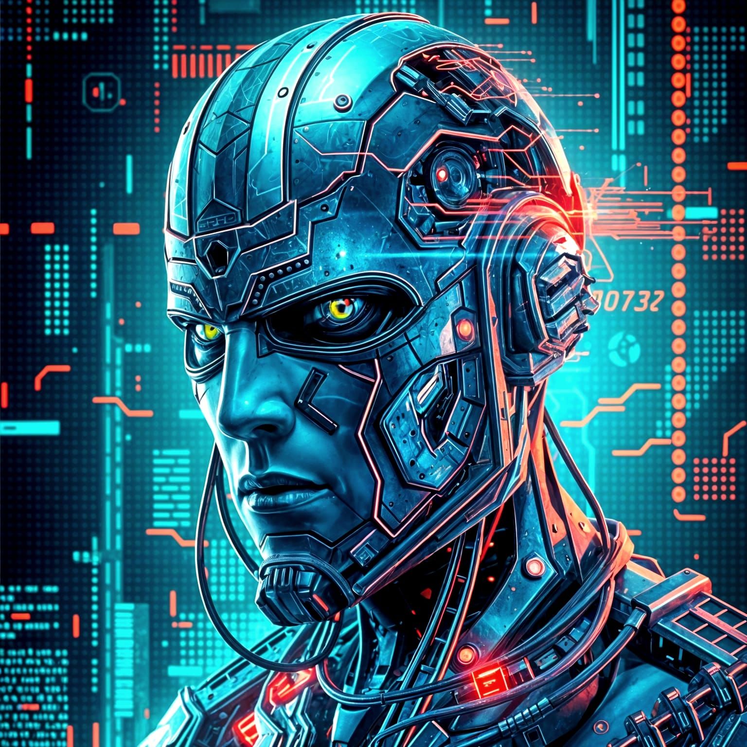 Futuristic Cyborg Warrior Fragmented in Glitch Art Style