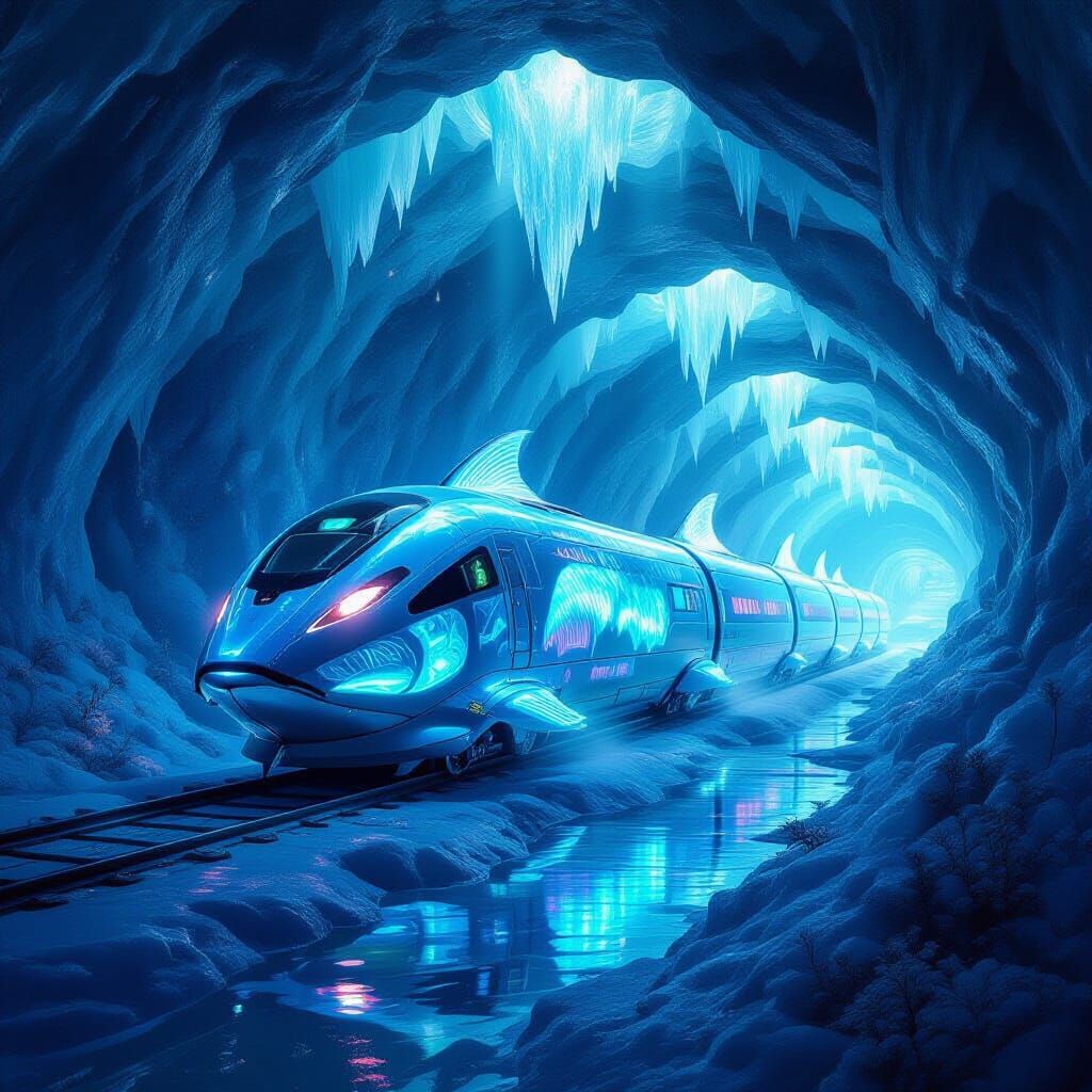 Ethereal Bio-Luminescent Train in Icy Cavern
