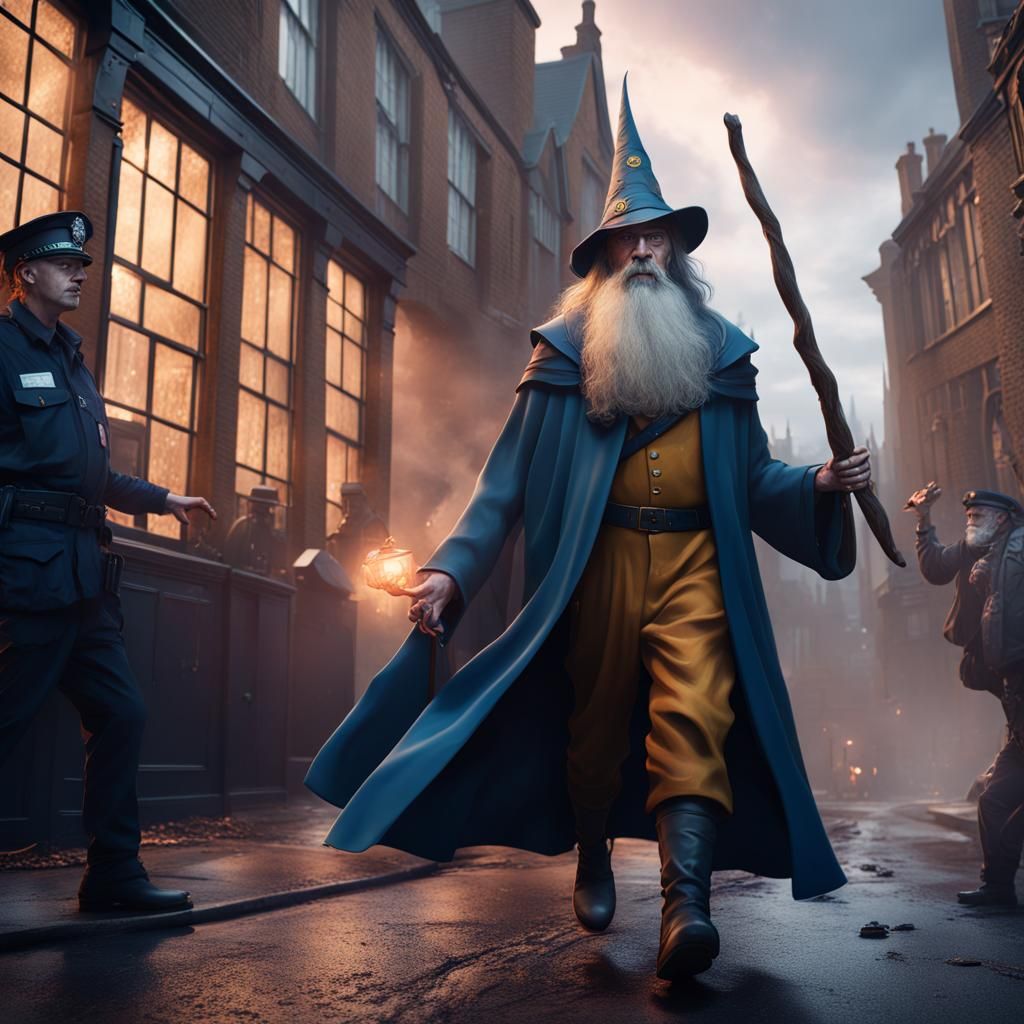 Modern Wizard Escaping Police: Detailed Fantasy Art