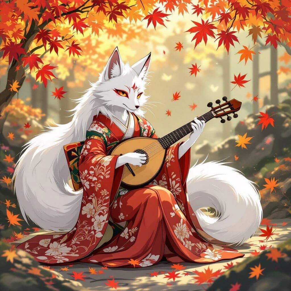 Kitsune Musician in Autumn Garden Ukiyo-e Style