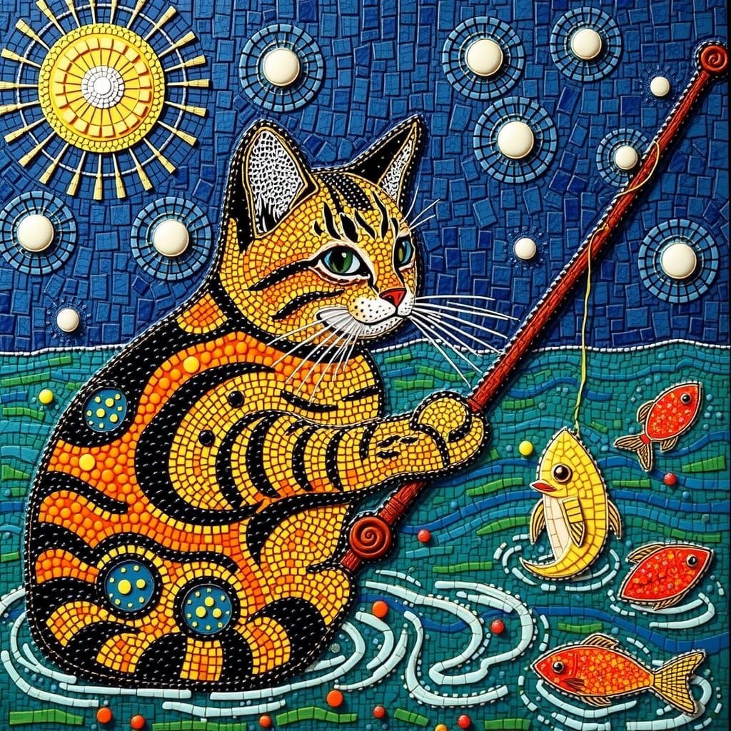 Pointillist Cat Fishing in Pointillism Style