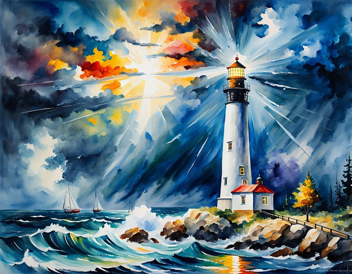 Lighthouse Shining Through Storm in Watercolor Style