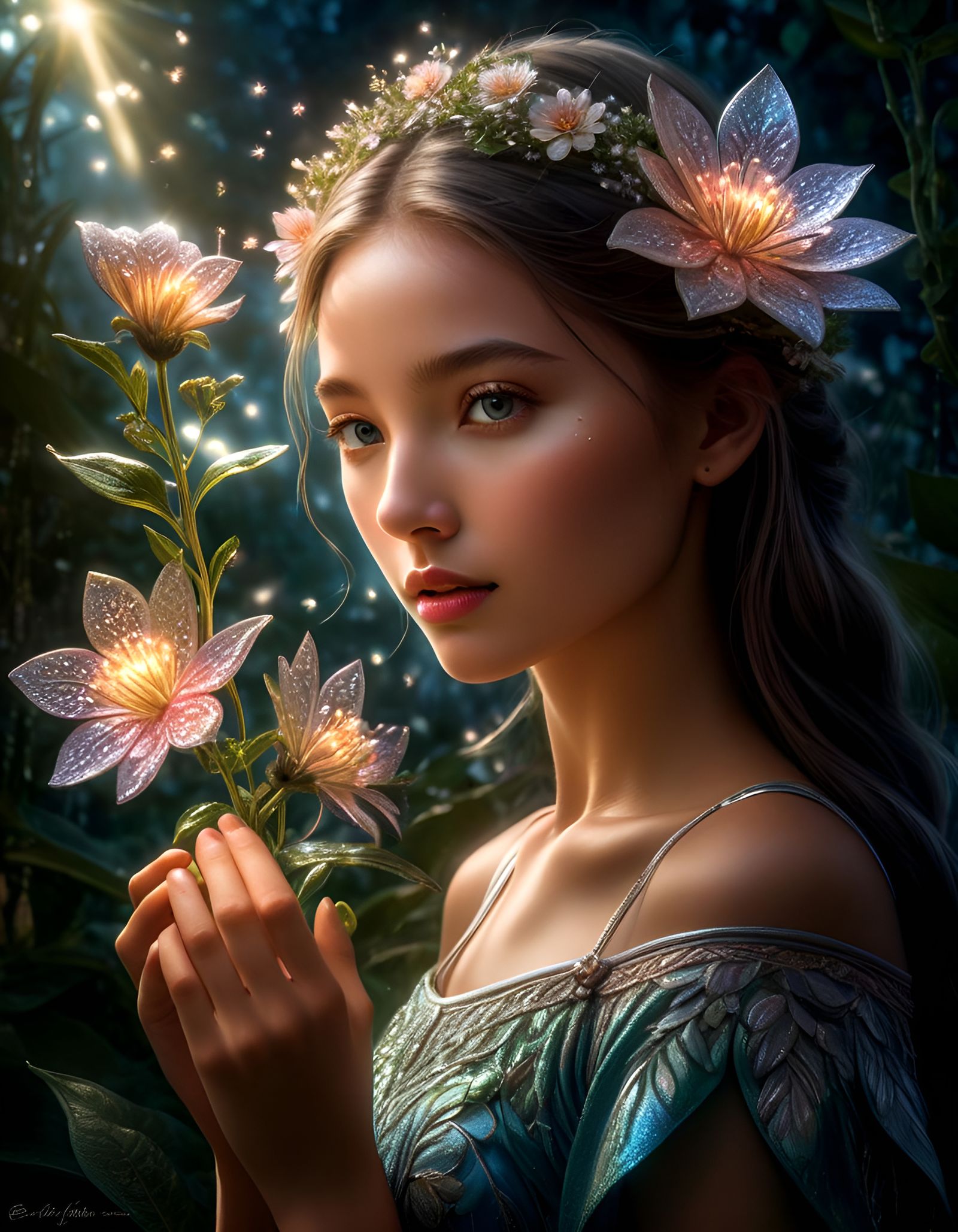 Girl Nurturing Magical Flower in Photorealistic HDR
