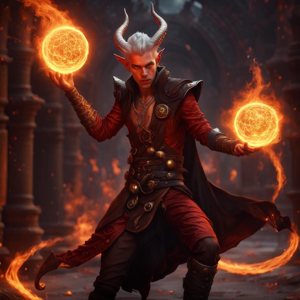 Tiefling Warlock Casting Fireball, Fantasy Art