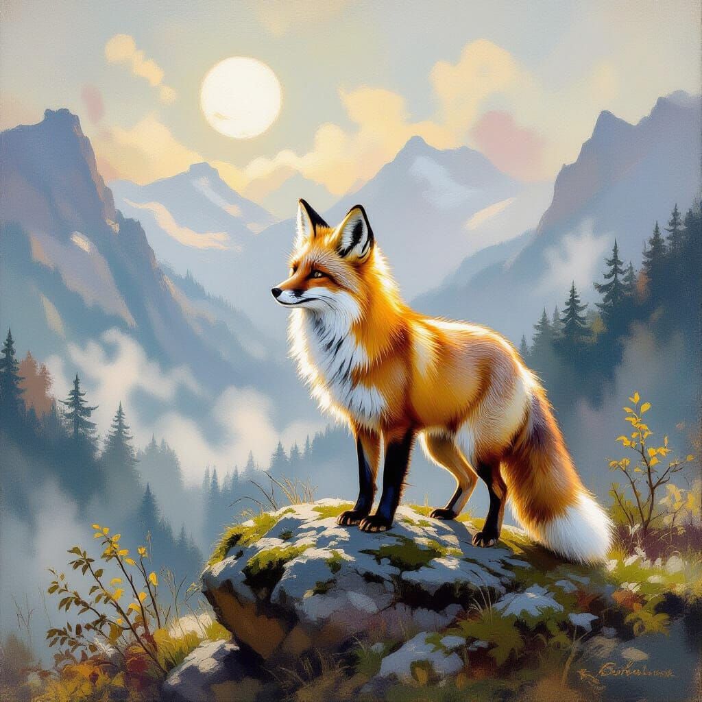Moonlight Fox in Serene Valley, Impressionist Style