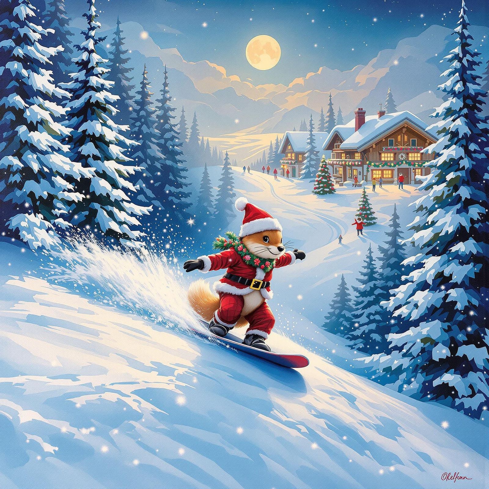 Vibrant Winter Wonderland with Snowboard Fox, Festive Lights...