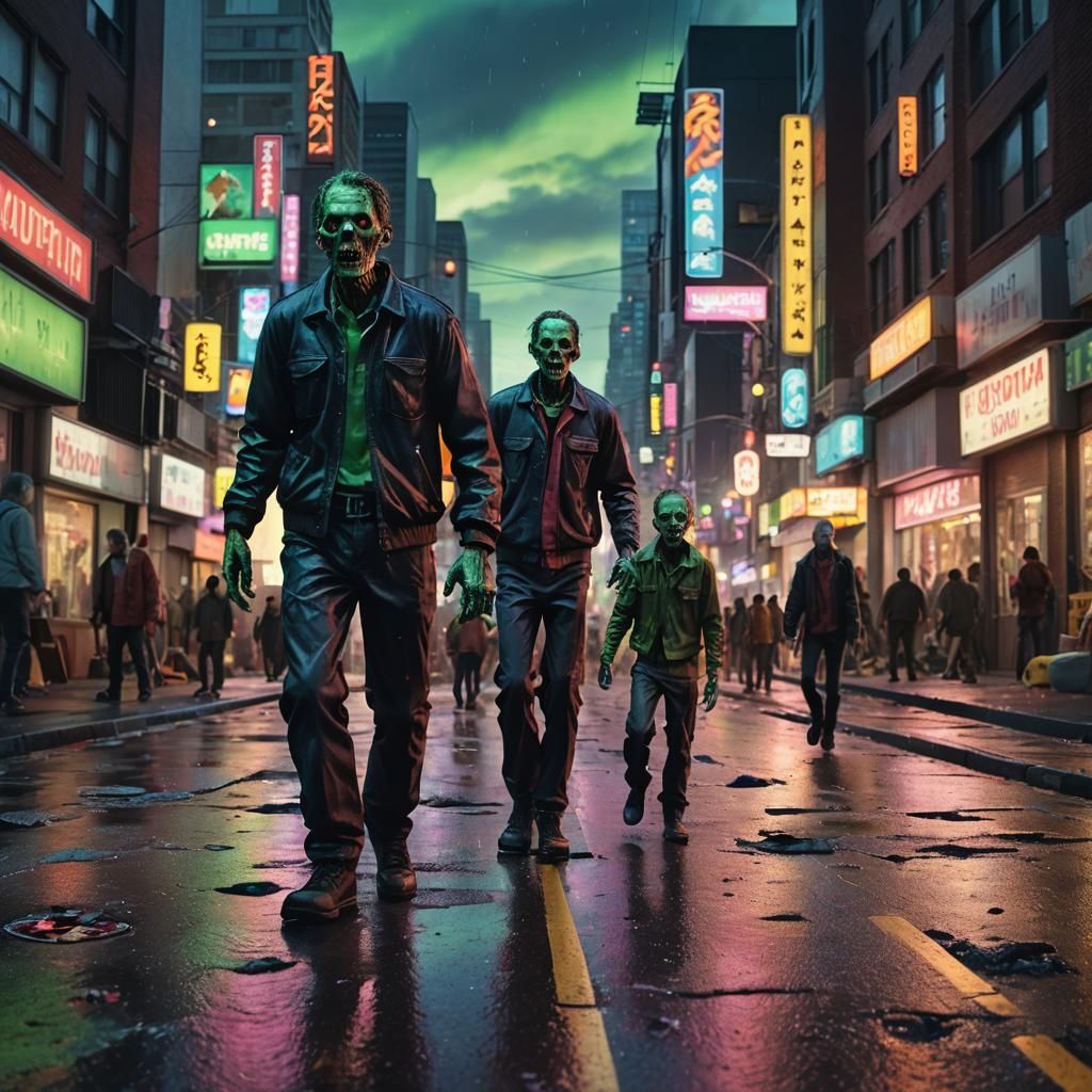 City Pop Zombies in Neon-Lit Gothic City