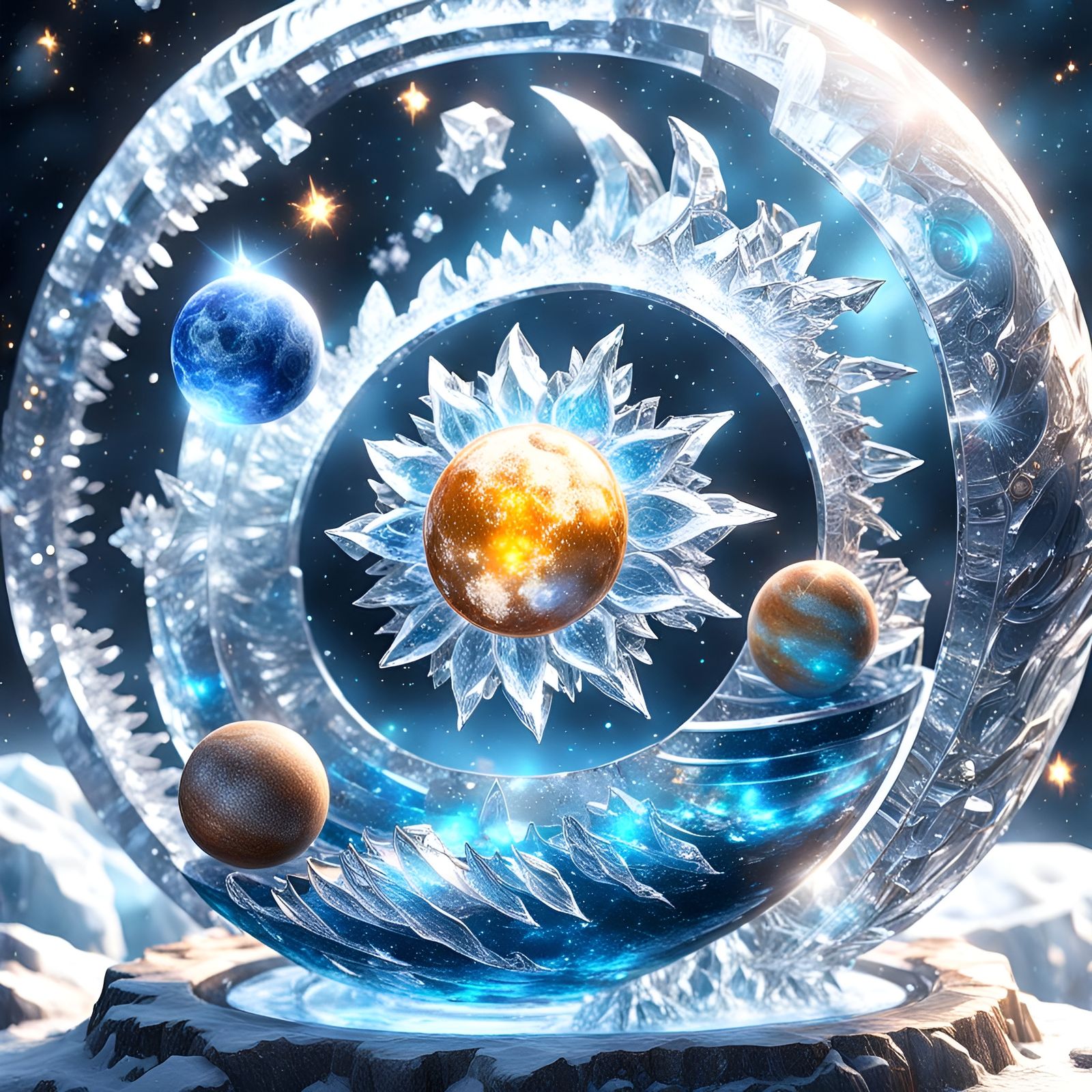 Ice Carving of Galaxy Planets in 3D Render
