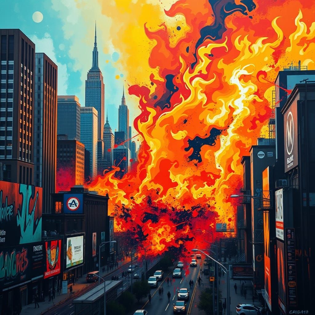Roaring Urban Inferno in Vibrant Street Art Style