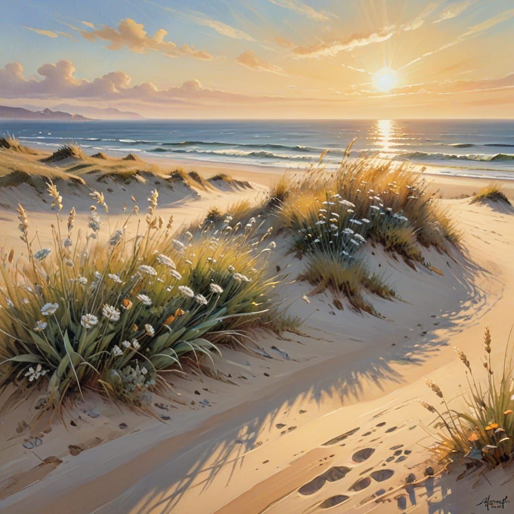 Impressionist Beach Scene with Wind-blown Grass in Gouache S...