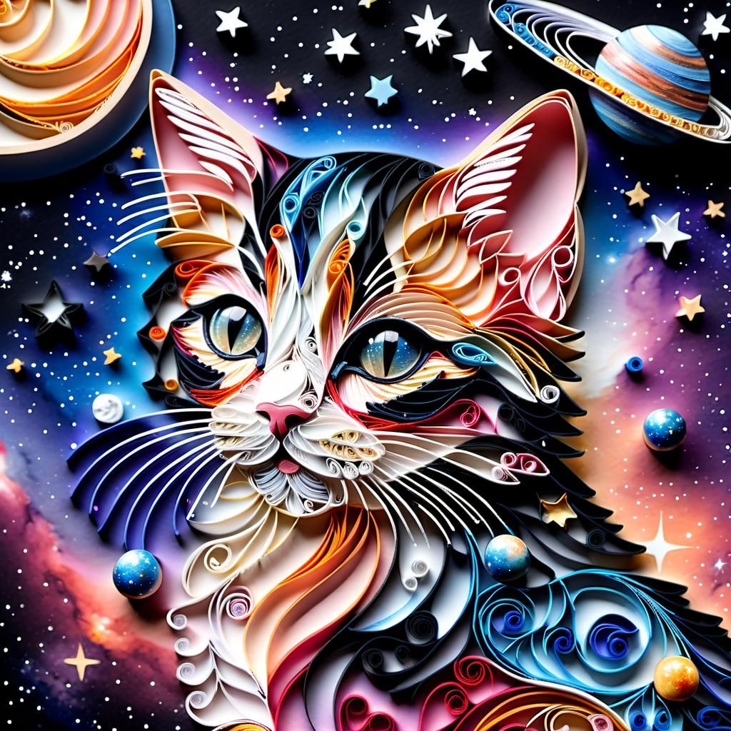 Quilled Kitten Pouncing in Galaxy Sky