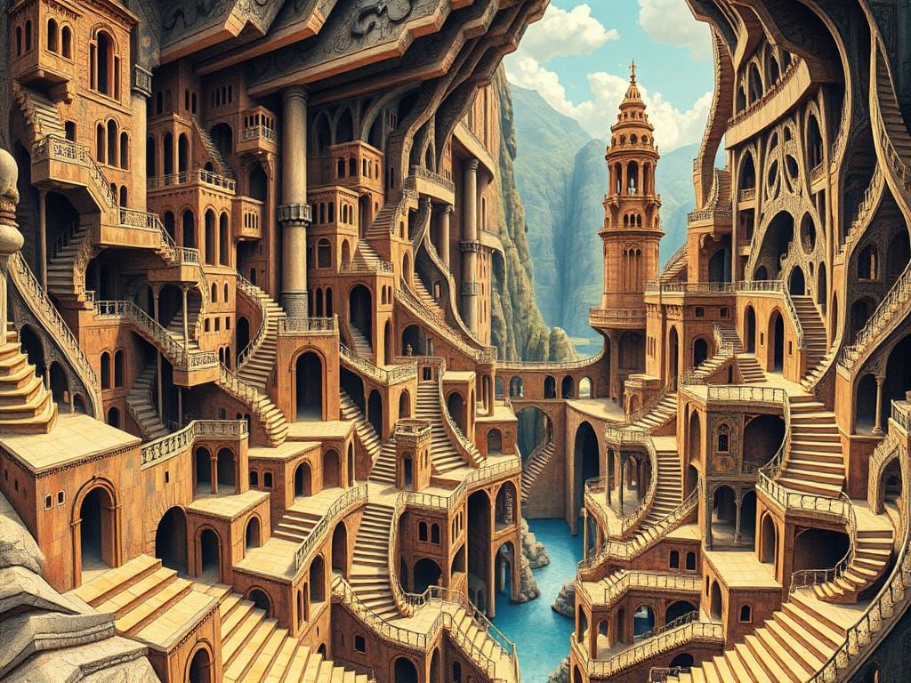 Escher-Inspired Impossible Architecture in Dreamlike Landsca...