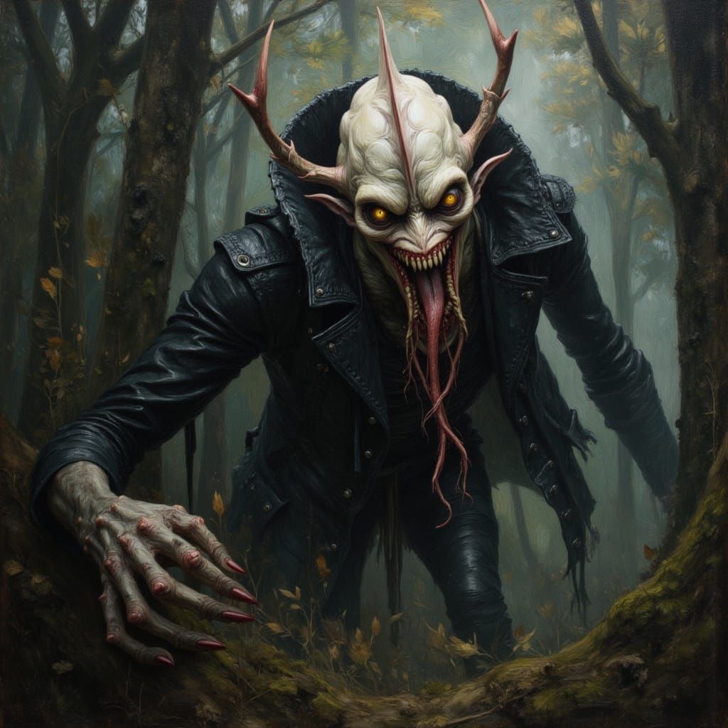 Fanged Monster Stalks Woods as Oil Painting