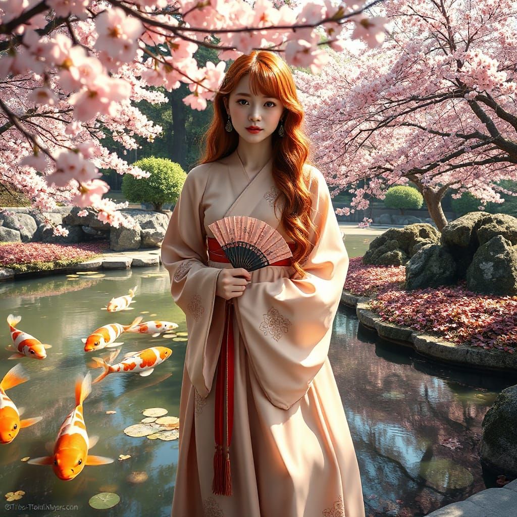 Serene Cherry Blossom Goddess in a Dreamlike Japanese Garden