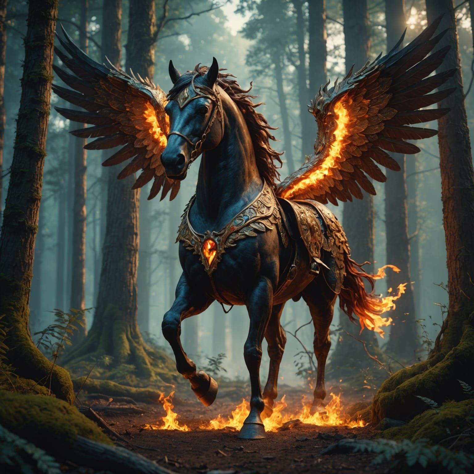 Fiery Winged Roman Horse in Enchanted Forest