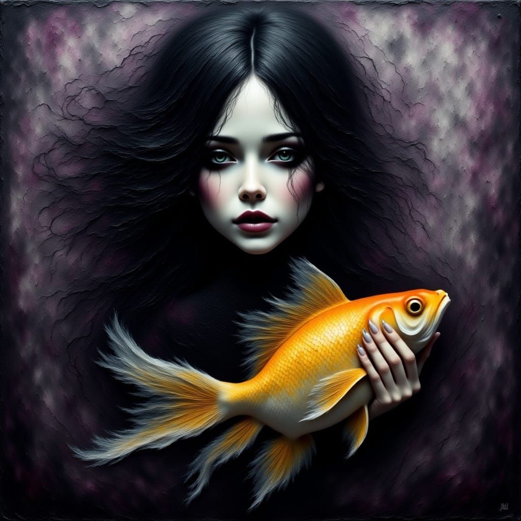 Moody Encaustic Portrait of Gothic Woman with Giant Goldfish