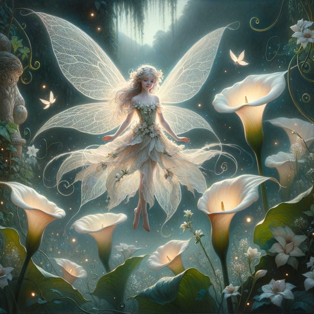 Whimsical Fairy in Enchanted Garden with Calla Lilies and Bi...