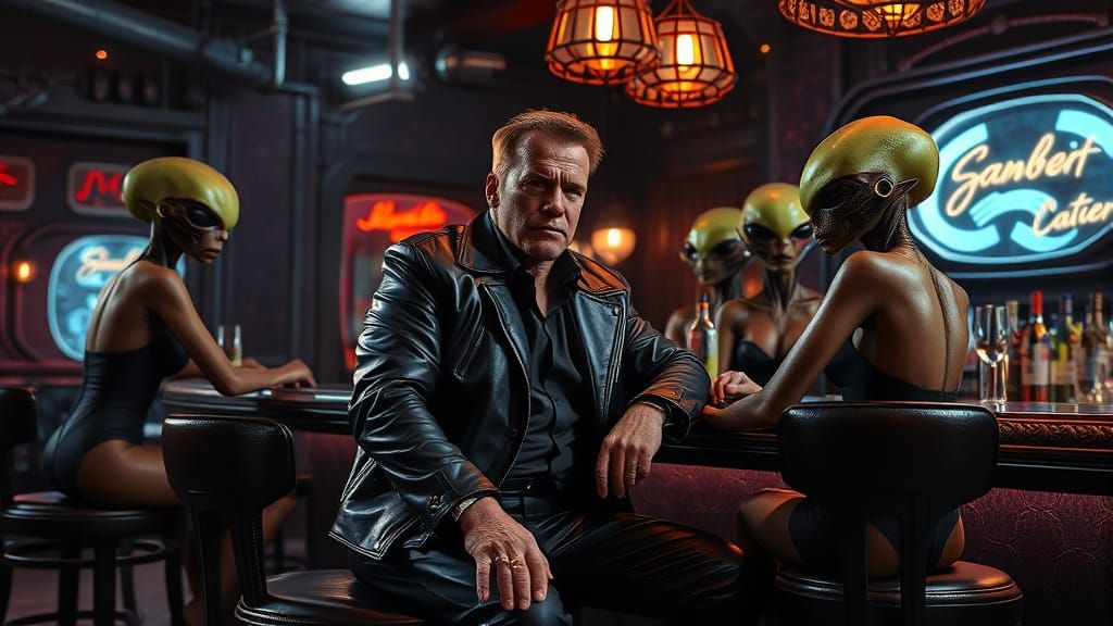 Arnold Schwarzenegger at an Alien Nightclub, Hyperrealistic