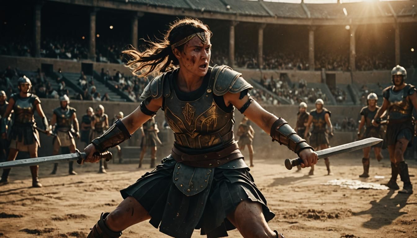 Fierce Gladiator in Dark Arena: Cinematic Film Still