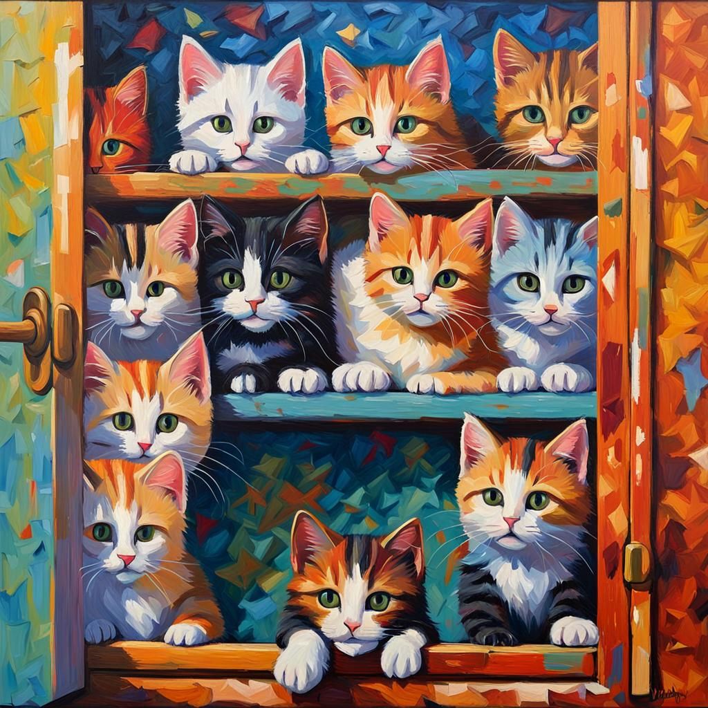 Kittens Abound in Neo-Impressionist Kitchen Scene