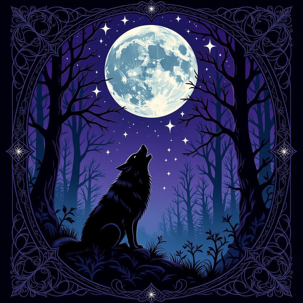 Lone Wolf Howling at Shattered Moon in Mystical Forest