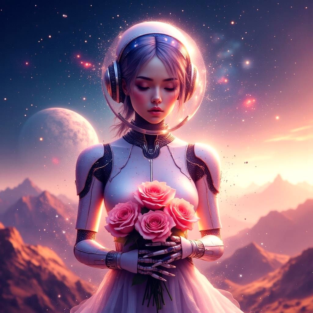 Ethereal Robot in Spacesuit with Roses