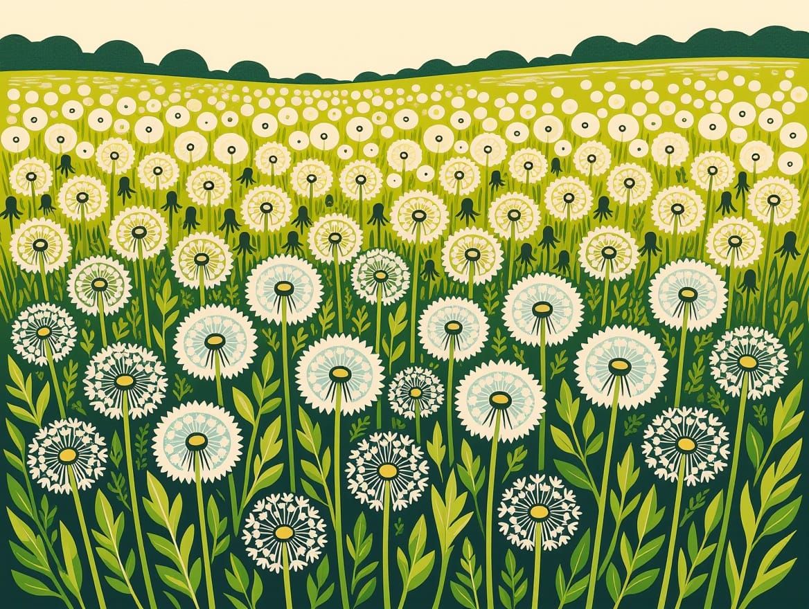 Dandelion Meadow in Handcolored Linoprint Style