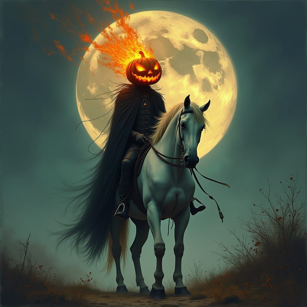 Headless Horseman Rides Under a Haunting Full Moon
