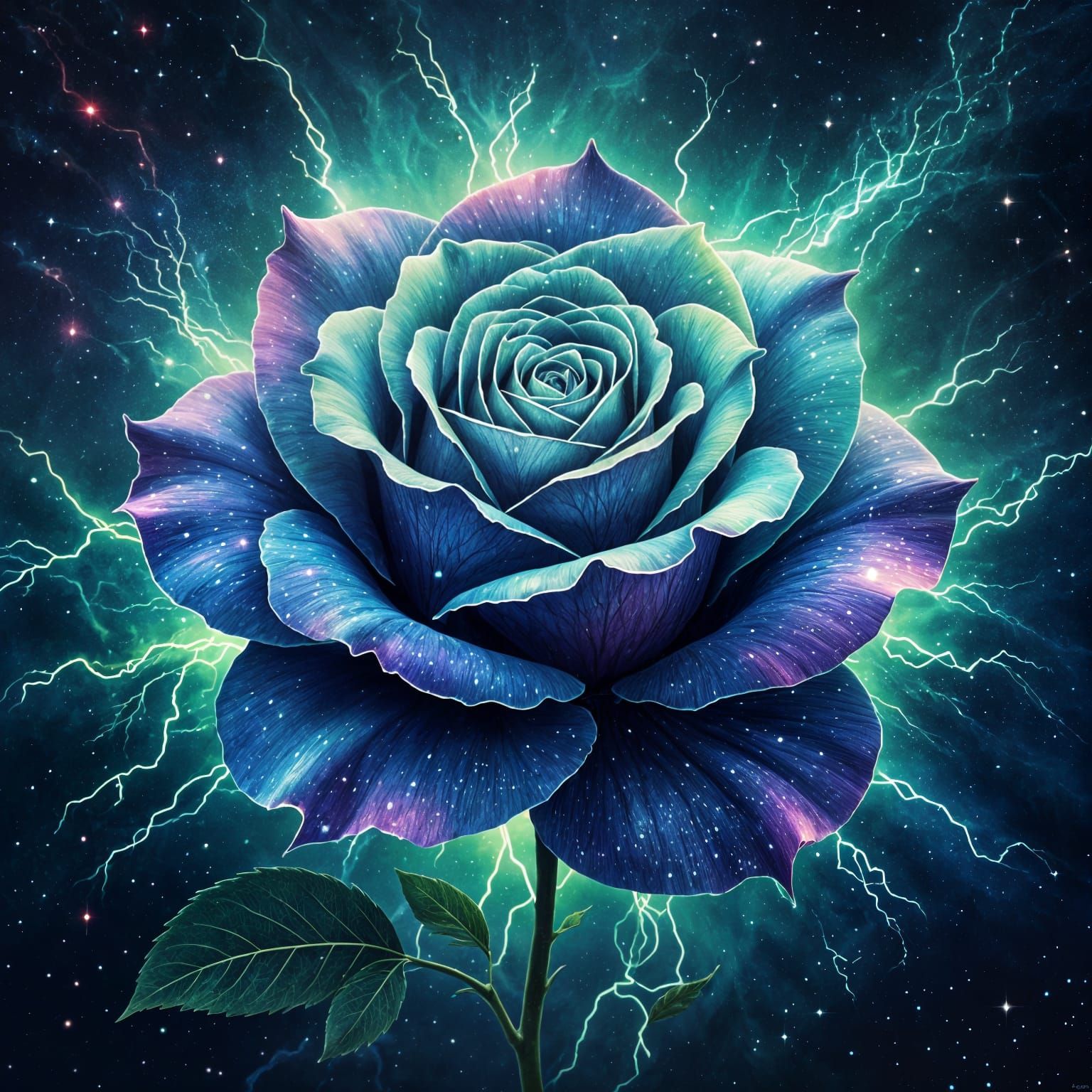 Cosmic Midnight Nebula Rose in Holographic Style