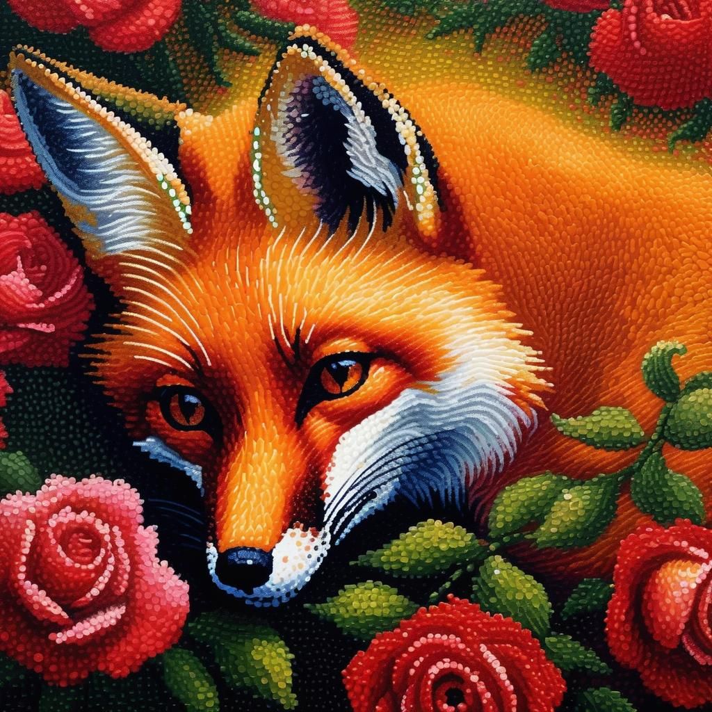 Fox in Roses: A Pointillist Oil Painting