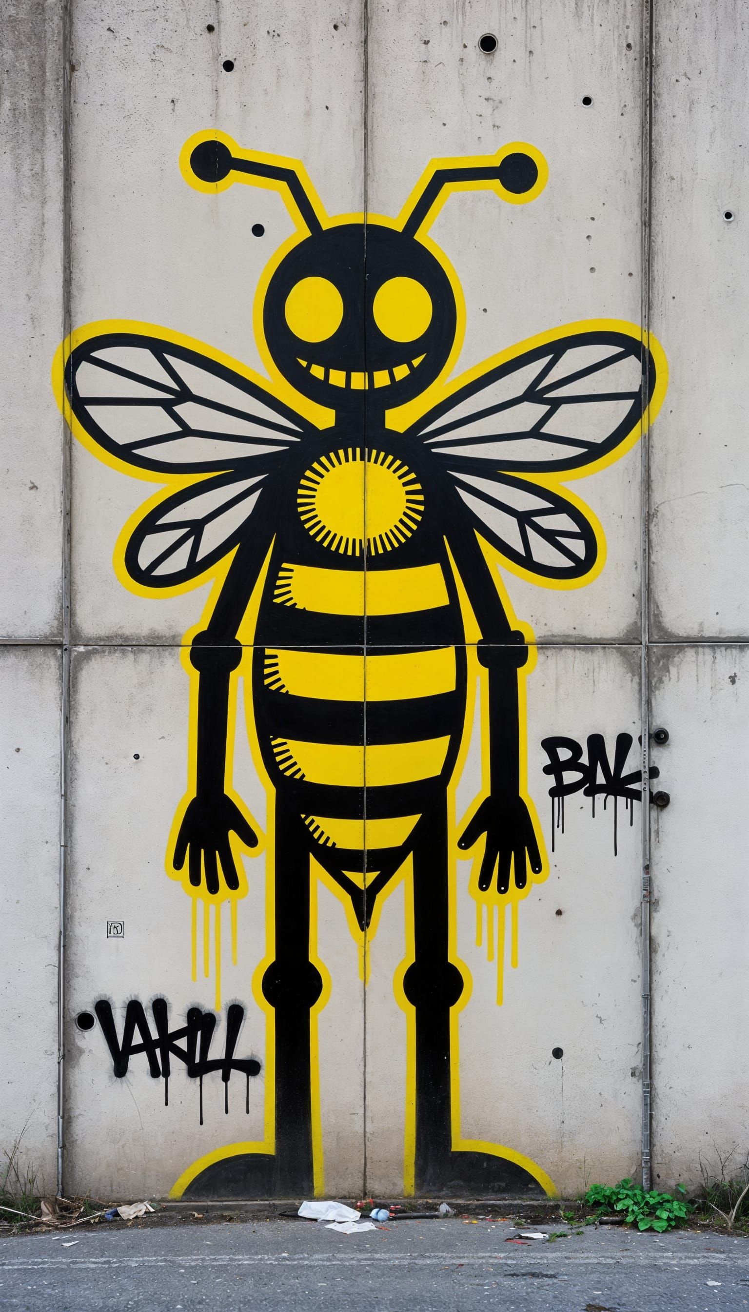 Graffiti Art: Bee-Man Hybrid on Concrete Wall