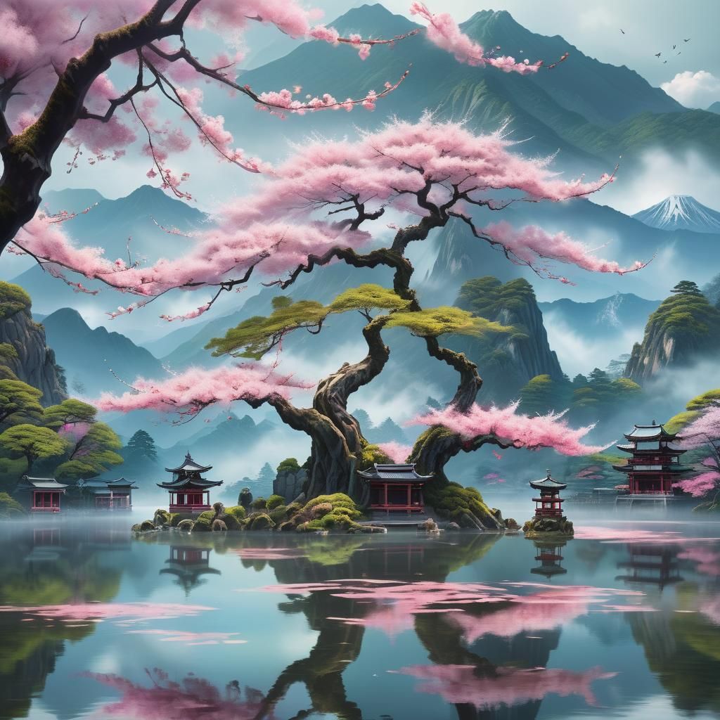 Majestic Sakura Tree Fantasy Art in Digital Painting Style