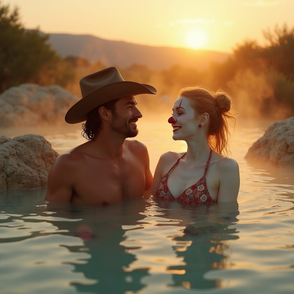 Cowboy and Female Clown Soak in Desert Hot Spring at Sunset ...