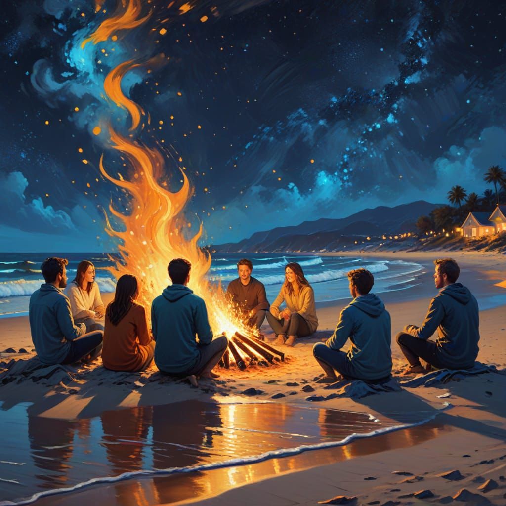 Bonfire on Beach at Night in Van Gogh Style