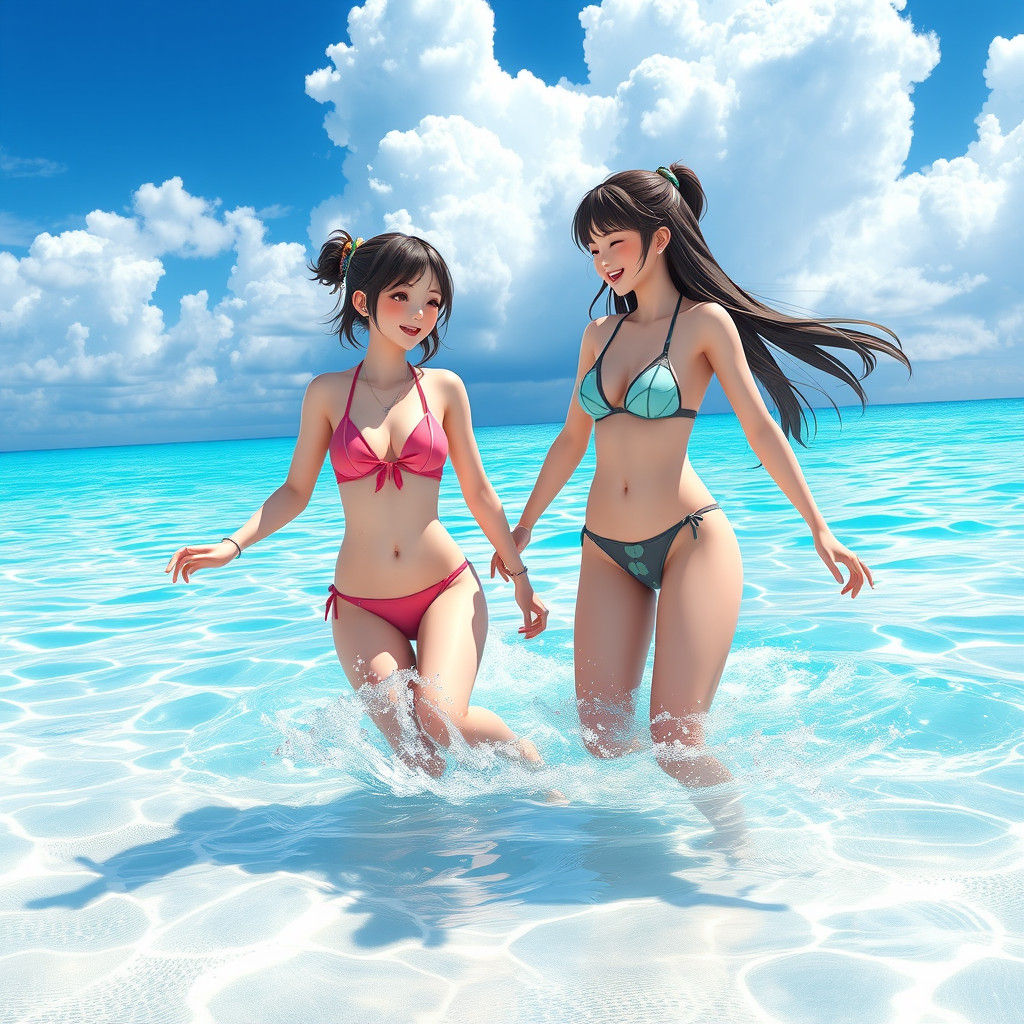 Girls Laughing on Sun-Kissed Beach in Anime Style
