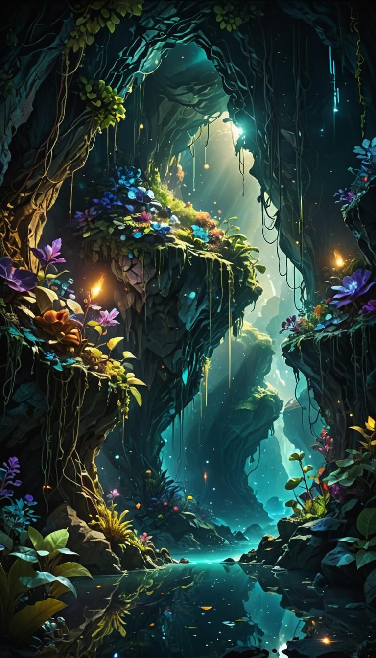 Glowing Crystal Plants in Deep Space Cave