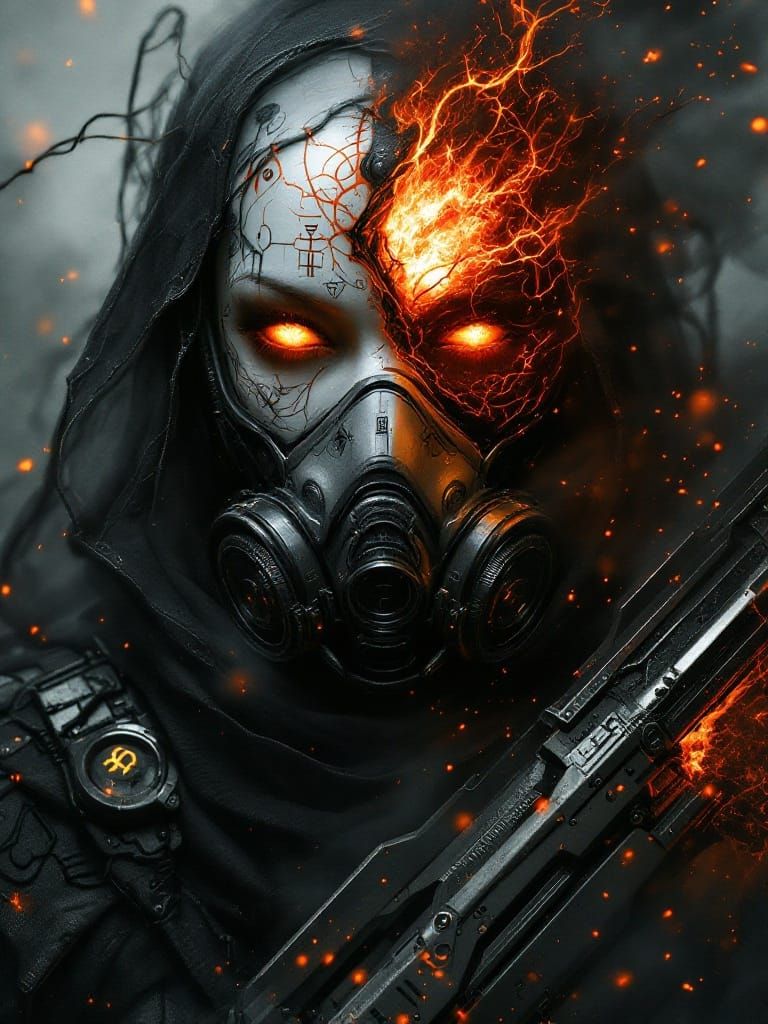 Futuristic Armored Figure with Fiery Red Light