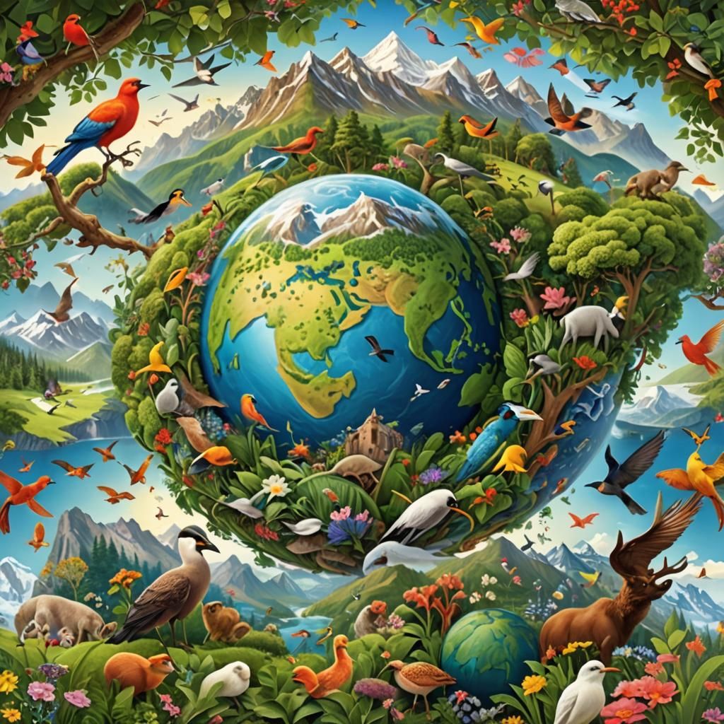 Vibrant Earth Globe Surrounded by Landscapes and Wildlife